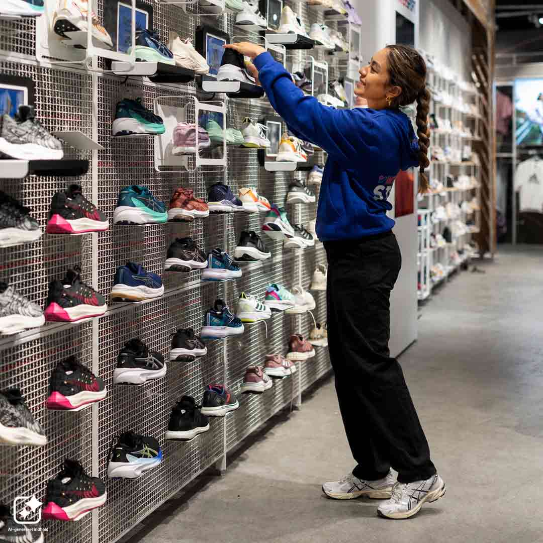 Medarbejder fra Intersport i Frederiksberg Centret, sætter sko på hylden.